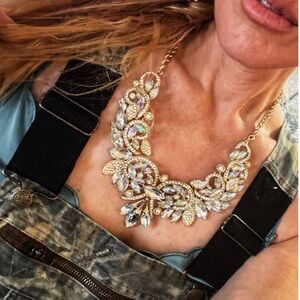 Gold Tone Rhinestone Statement Bib Necklace